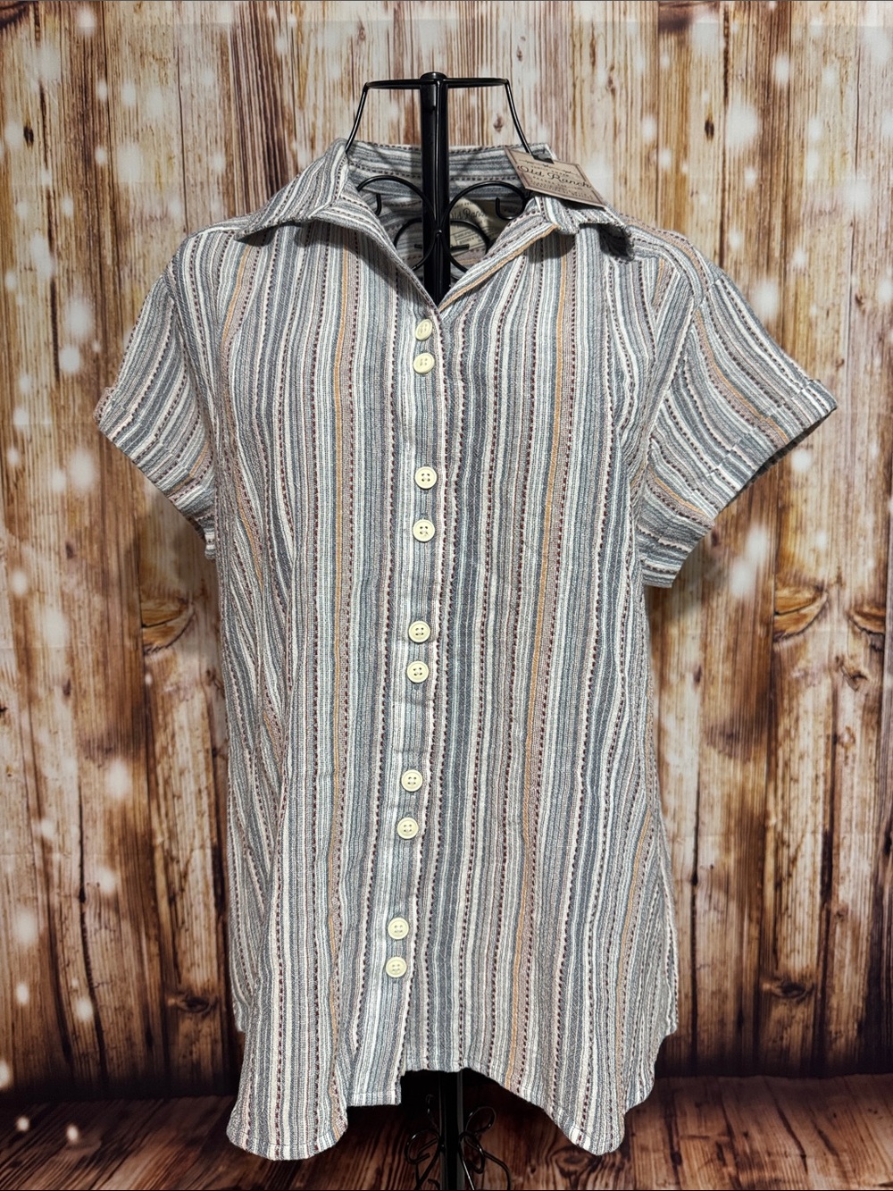 Striped Short-Sleeve Button-Down Shirt in Blue, Peach & Cream